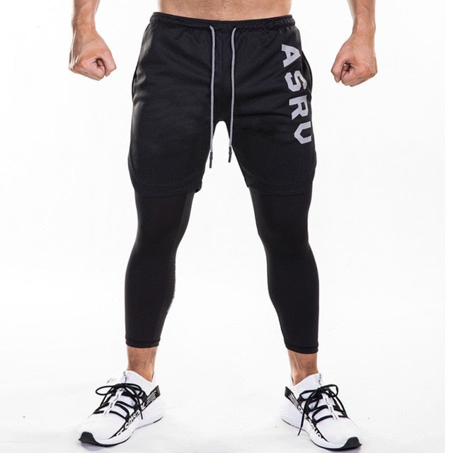 Running Sweatpants Men Shorts And Leggings 2in1 Sportswear Gym Joggers Pants Drawstring Waist Casual Pants Zipper Sport Trousers