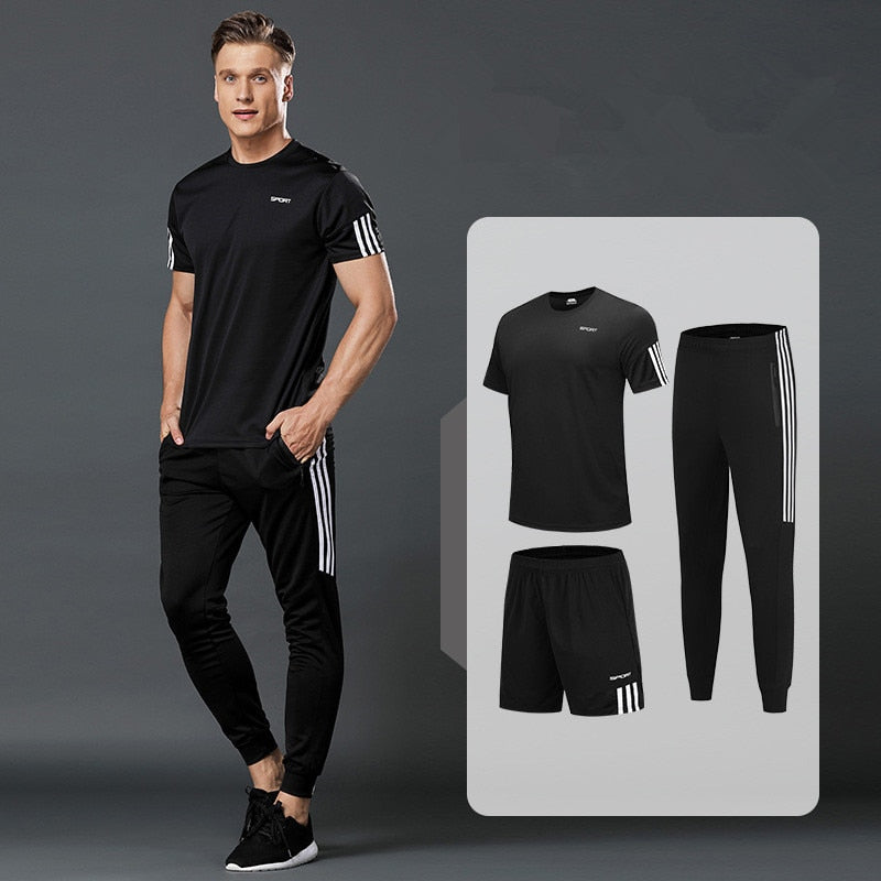 3 Pcs/Sets Sports T-Shirt Men's Suits Running Shrits+Sports Shorts+Jogging Pants Mens Sportswear Suit Soccer Play Gym Sets New