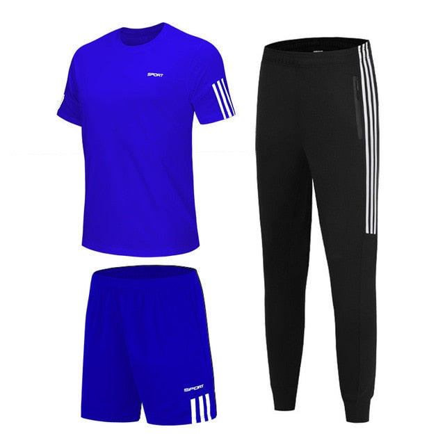 3 Pcs/Sets Sports T-Shirt Men's Suits Running Shrits+Sports Shorts+Jogging Pants Mens Sportswear Suit Soccer Play Gym Sets New