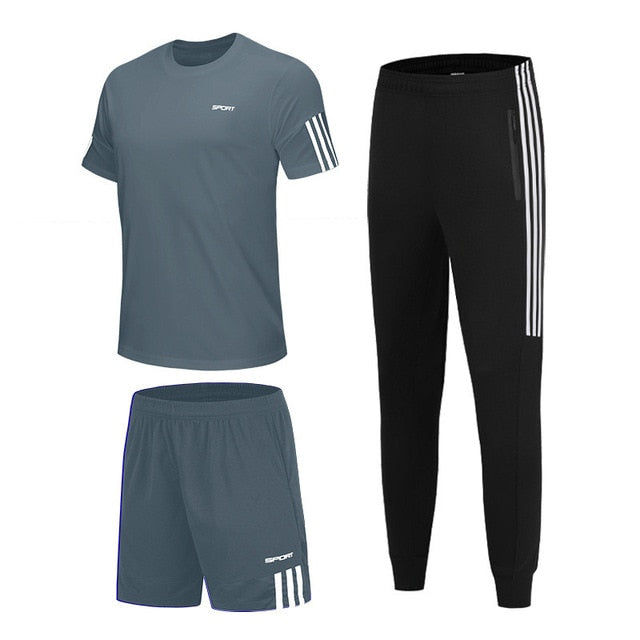 3 Pcs/Sets Sports T-Shirt Men's Suits Running Shrits+Sports Shorts+Jogging Pants Mens Sportswear Suit Soccer Play Gym Sets New