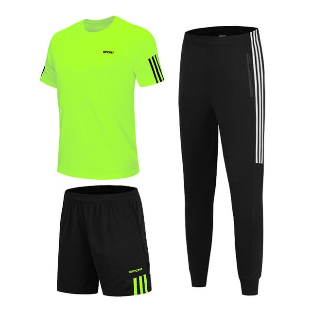 3 Pcs/Sets Sports T-Shirt Men's Suits Running Shrits+Sports Shorts+Jogging Pants Mens Sportswear Suit Soccer Play Gym Sets New